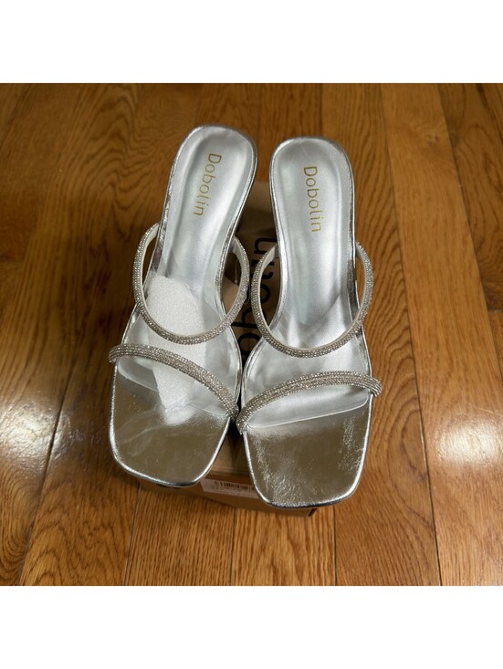 Shoes - Dobolin Women's Silver Rhinestone Heeled Slide Sandals Size 9 Open Toe Mule